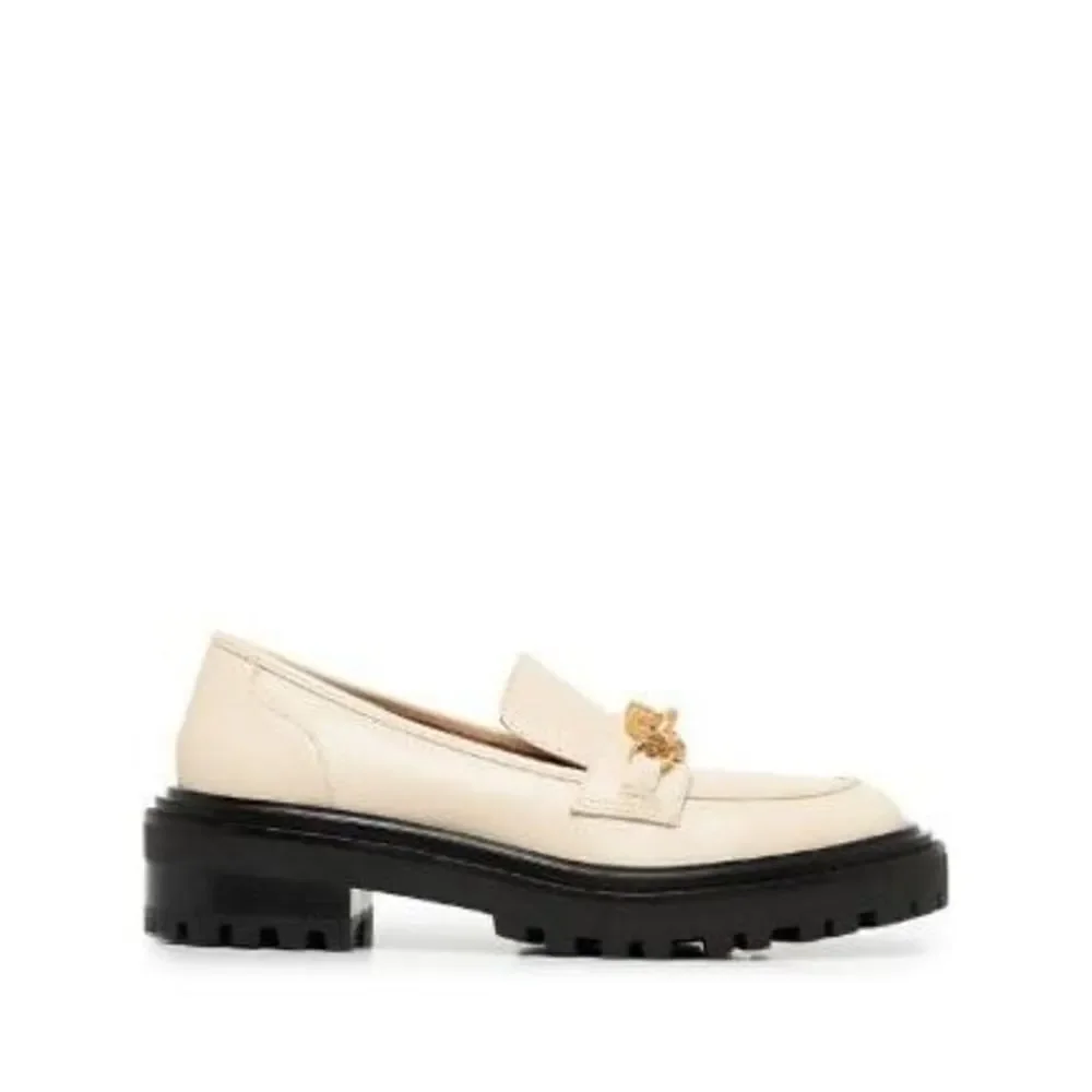 Tory Burch Jessa Leather Lug Sole Gold Chain Link Loafers Cream Academia Size 8